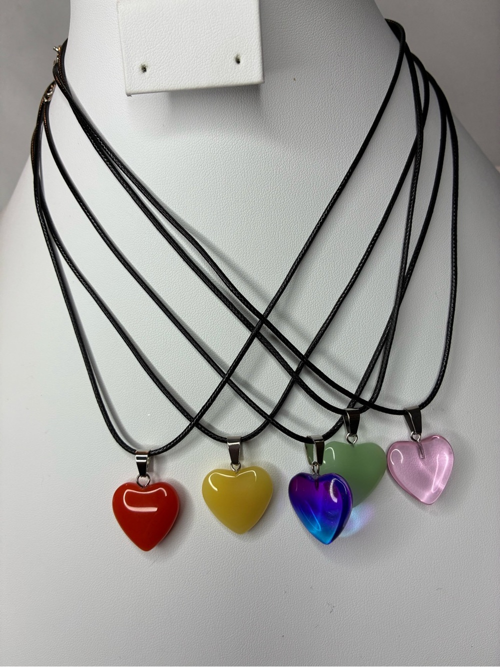 Heart Pendant Necklace Set - Multicolor Glass Heart Charms on 17” Black Cord